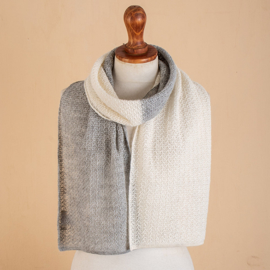 Knit Gray & Ivory Unisex Baby Alpaca Blend Scarf from Peru - Gray Duality