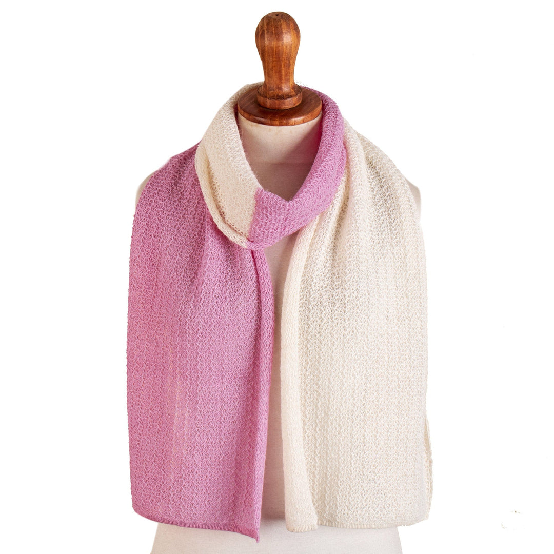 Pink & Ivory Knit Baby Alpaca Blend Scarf Handmade in Peru - Pink Duality
