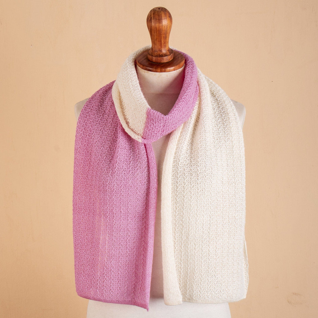 Pink & Ivory Knit Baby Alpaca Blend Scarf Handmade in Peru - Pink Duality