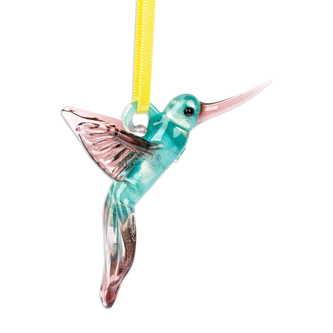 Handblown Recycled Glass Hummingbird Ornament in Cyan - Cyan Paradise Hummingbird