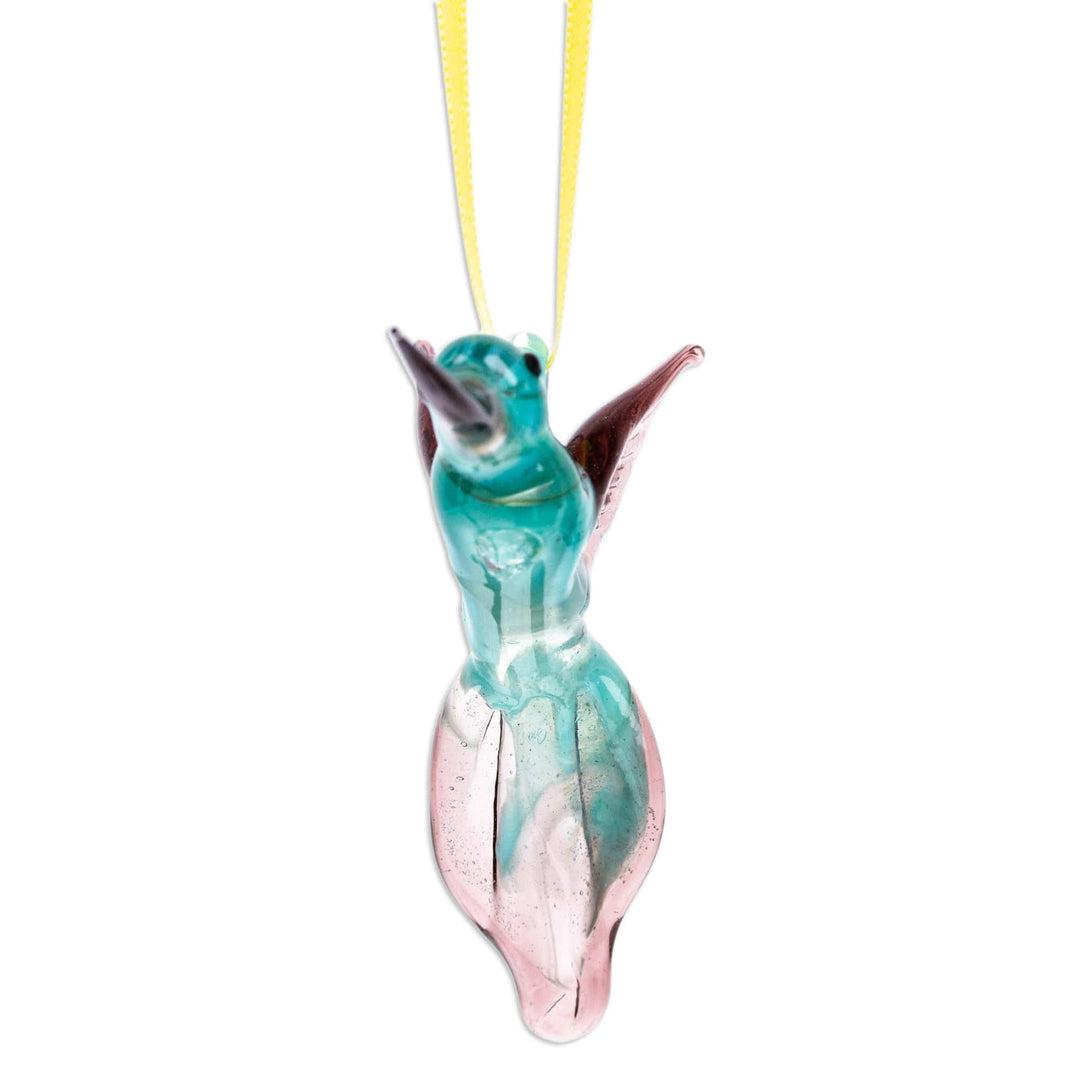 Handblown Recycled Glass Hummingbird Ornament in Cyan - Cyan Paradise Hummingbird