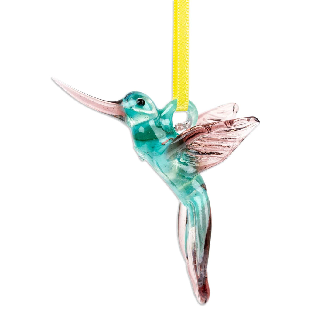 Handblown Recycled Glass Hummingbird Ornament in Cyan - Cyan Paradise Hummingbird