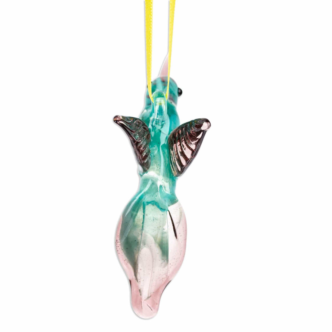 Handblown Recycled Glass Hummingbird Ornament in Cyan - Cyan Paradise Hummingbird