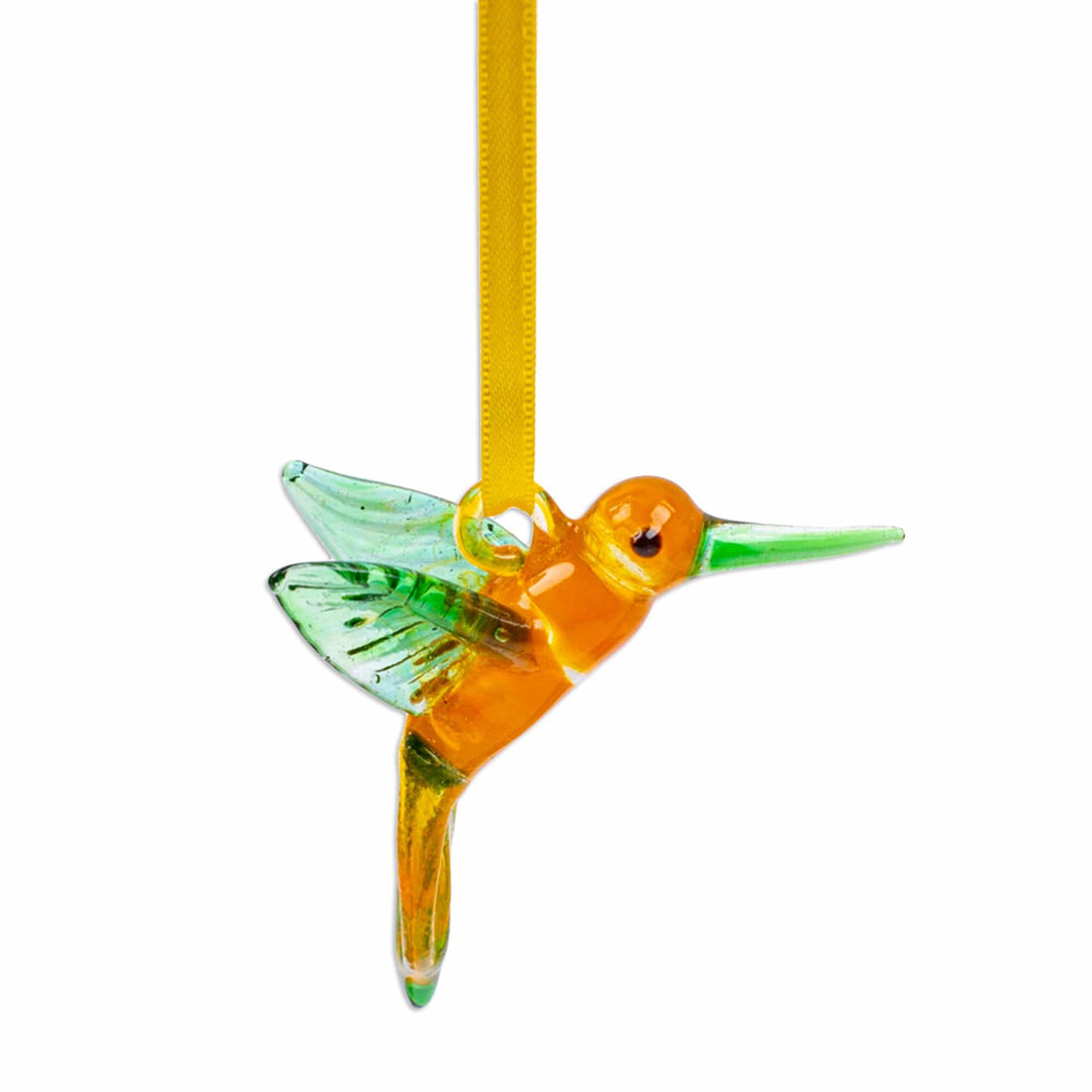 Handblown Recycled Glass Hummingbird Ornament in Green - Green Paradise Hummingbird