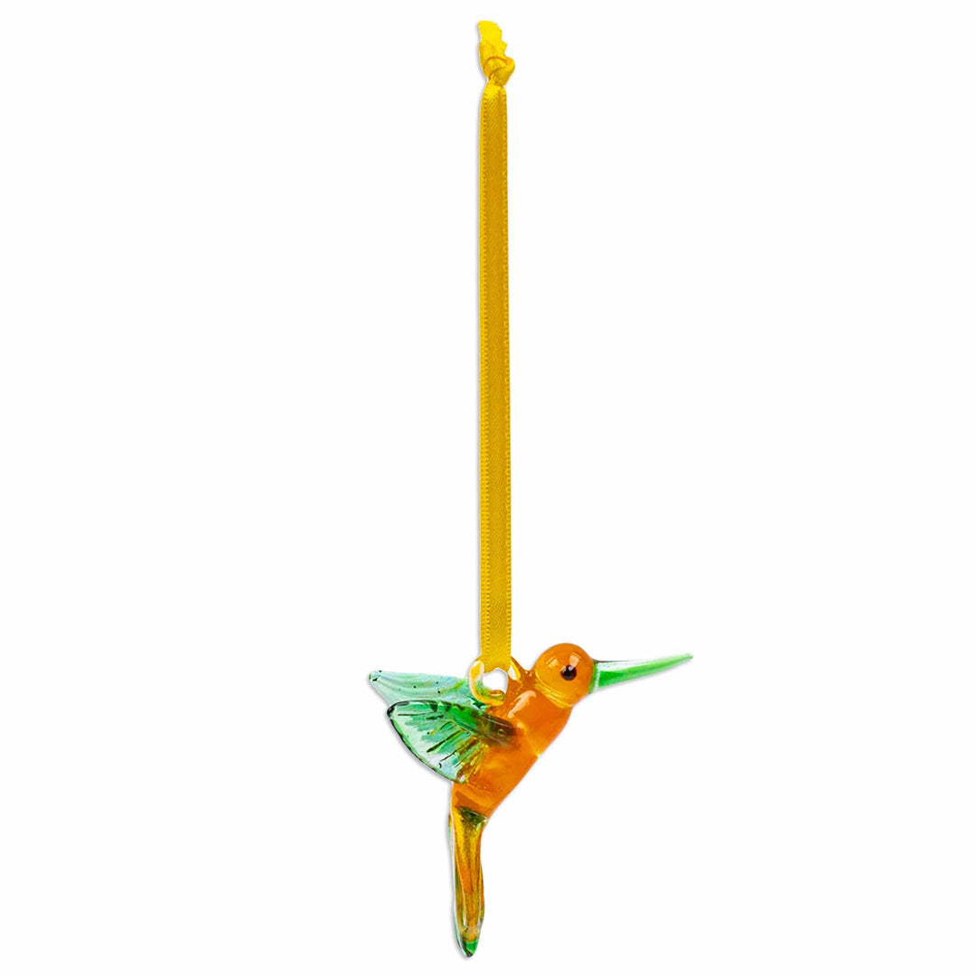 Handblown Recycled Glass Hummingbird Ornament in Green - Green Paradise Hummingbird