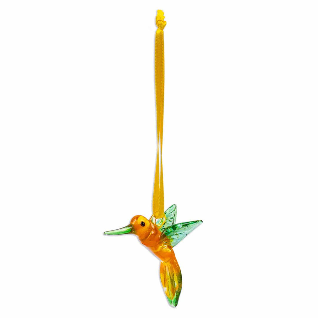 Handblown Recycled Glass Hummingbird Ornament in Green - Green Paradise Hummingbird