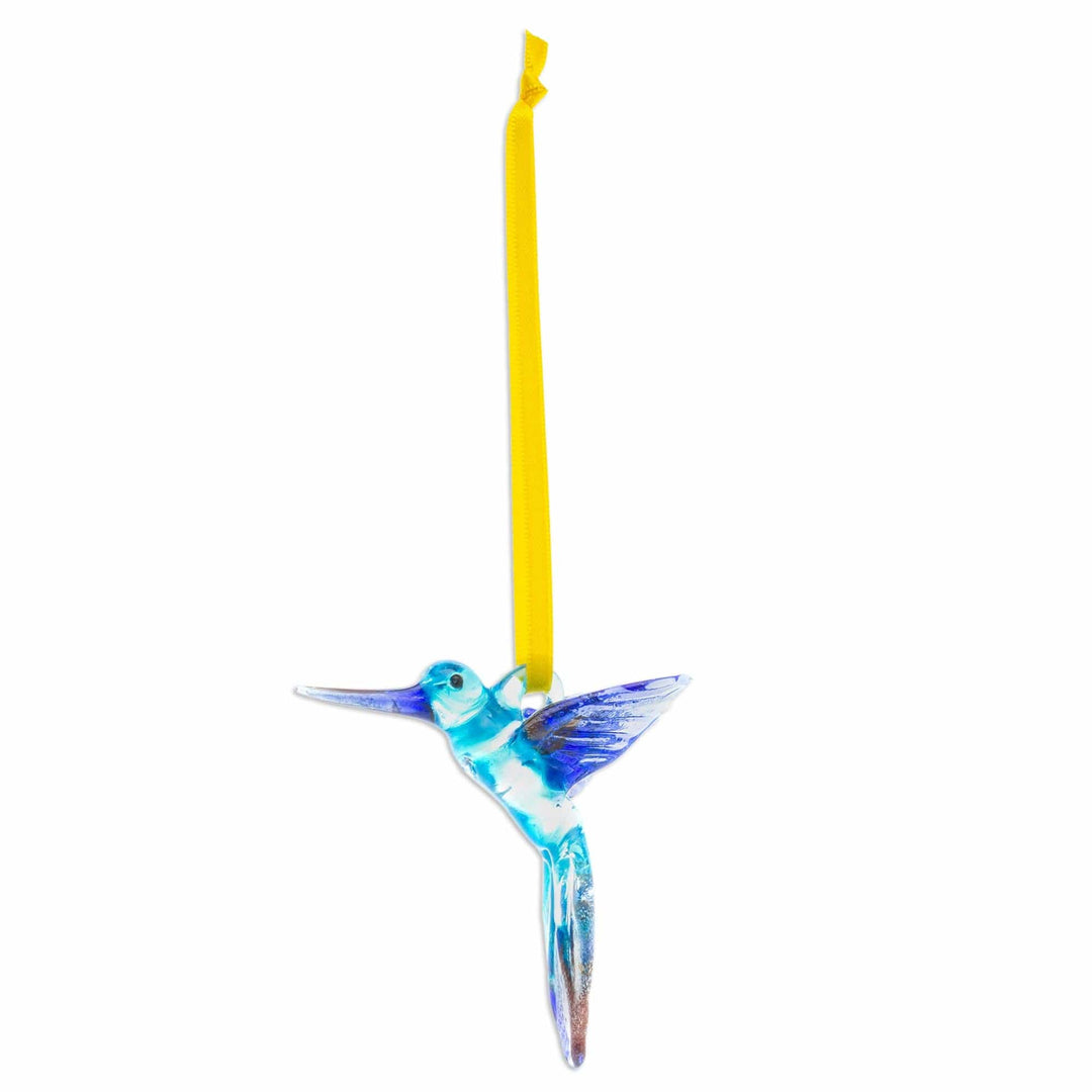 Handblown Recycled Glass Hummingbird Ornament in Sapphire - Sapphire Paradise Hummingbird
