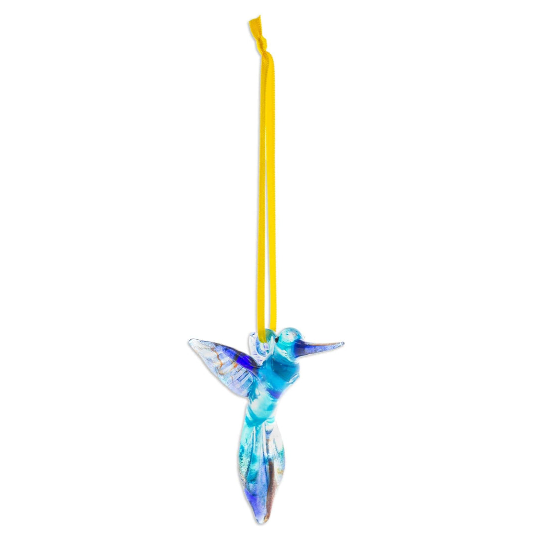 Handblown Recycled Glass Hummingbird Ornament in Sapphire - Sapphire Paradise Hummingbird