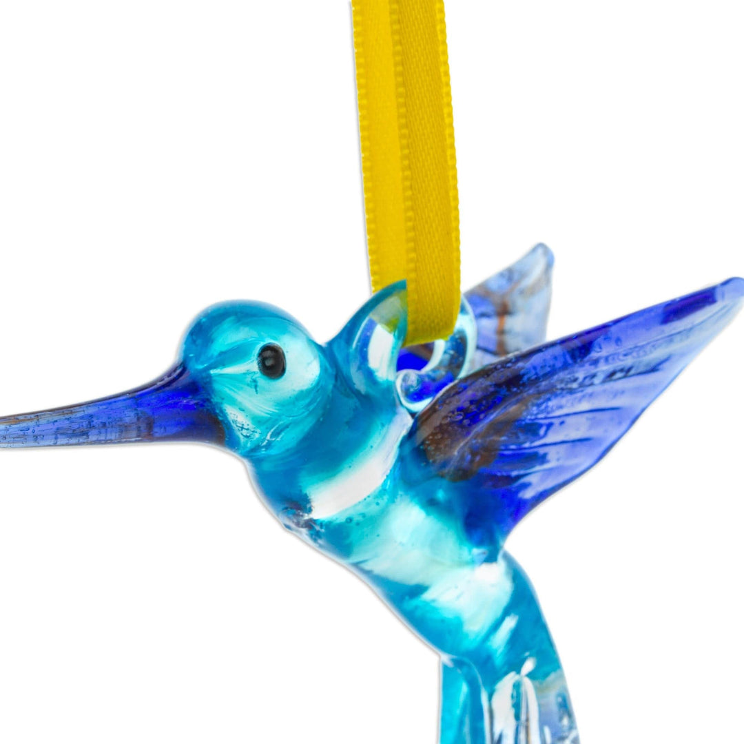 Handblown Recycled Glass Hummingbird Ornament in Sapphire - Sapphire Paradise Hummingbird