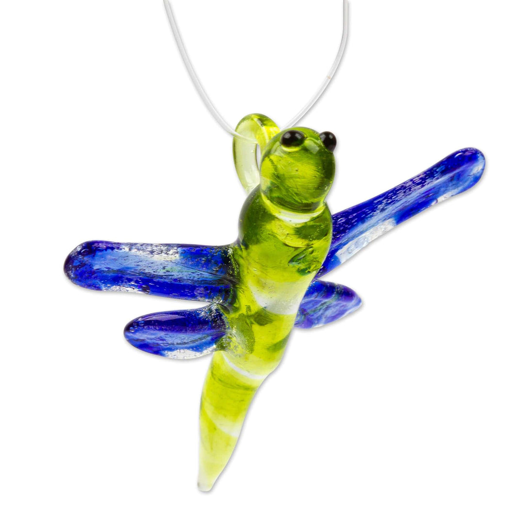 Handblown Recycled Glass Dragonfly Ornament in Blue - Blue Transformation