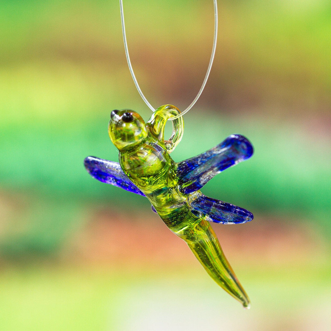Handblown Recycled Glass Dragonfly Ornament in Blue - Blue Transformation