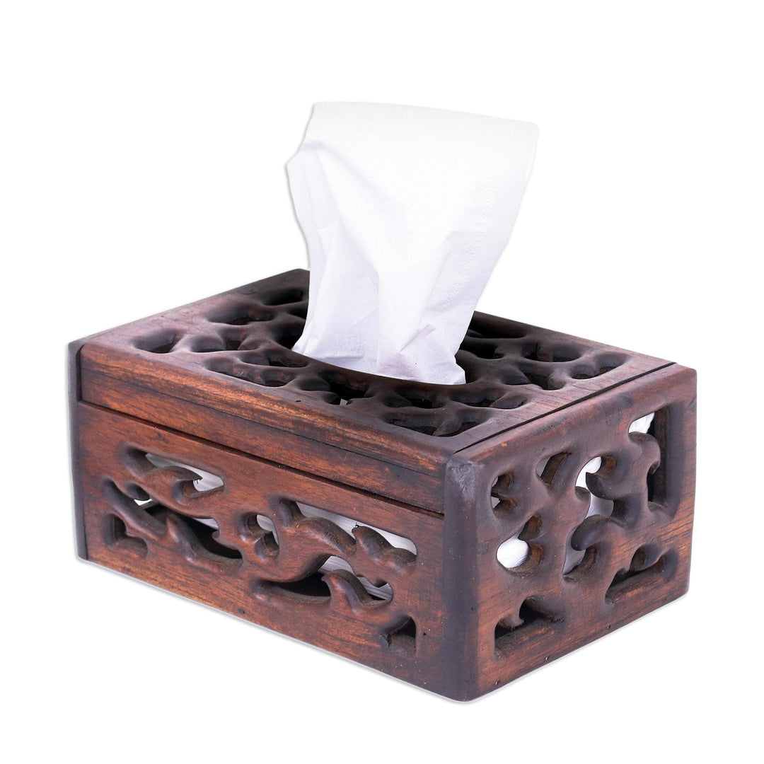 Hand-Carved Teak Wood Tissue Box Cover in Brown - Fancy Teak
