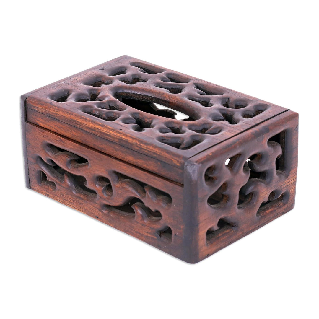 Hand-Carved Teak Wood Tissue Box Cover in Brown - Fancy Teak