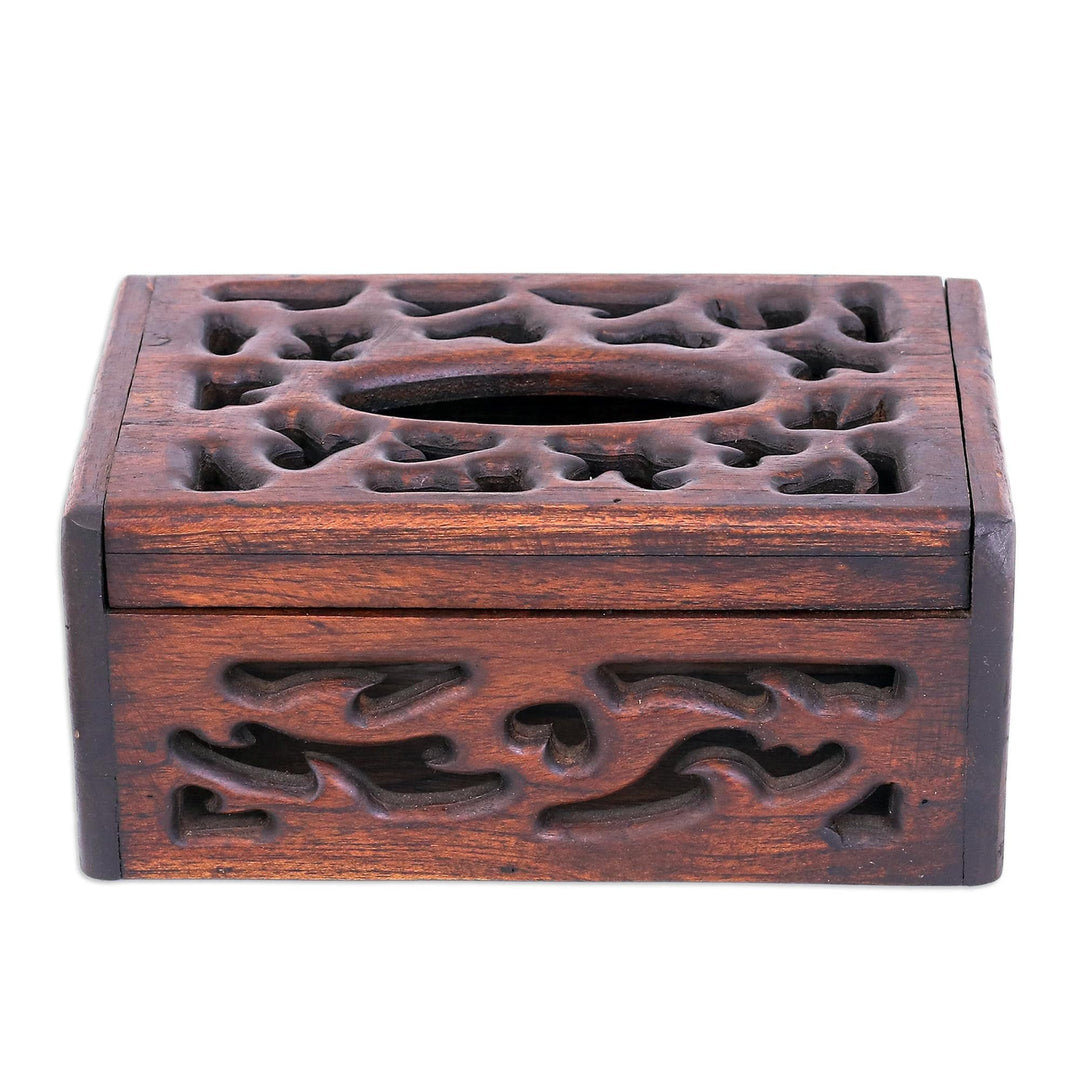 Hand-Carved Teak Wood Tissue Box Cover in Brown - Fancy Teak