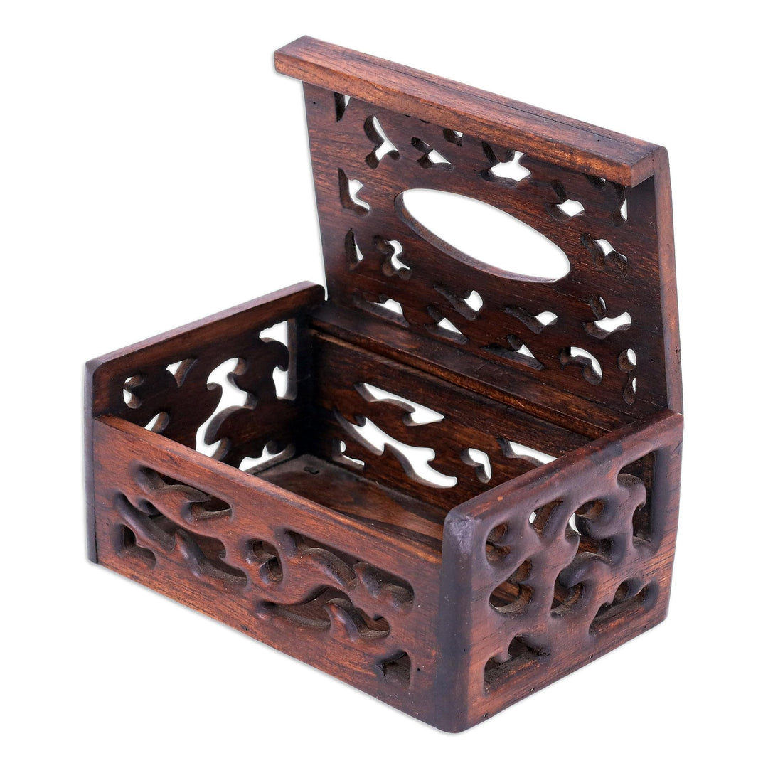 Hand-Carved Teak Wood Tissue Box Cover in Brown - Fancy Teak