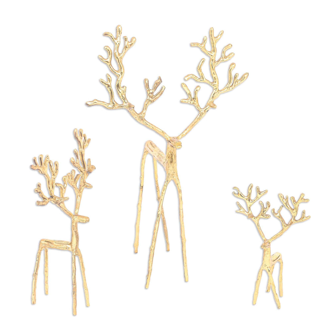 Set of 3 Gold-flashed Deer Figurines Handmade in Thailand - Family of Deer