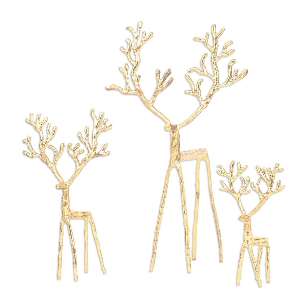 Set of 3 Gold-flashed Deer Figurines Handmade in Thailand - Family of Deer
