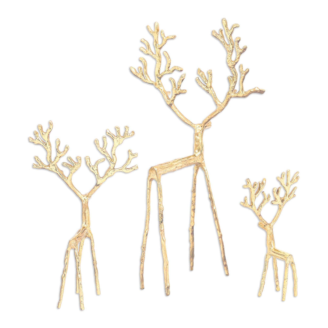 Set of 3 Gold-flashed Deer Figurines Handmade in Thailand - Family of Deer