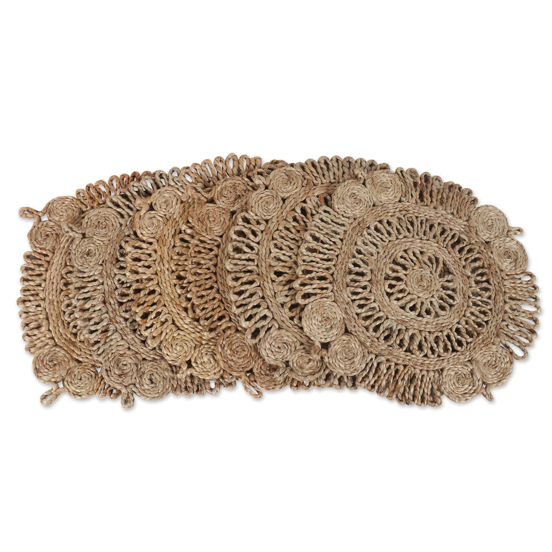 Set of 6 Handcrafted Jute Placemats with Floral Design - Garden Illusion