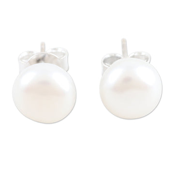 Cultured Pearl and Sterling Silver Stud Earrings from India - Love Me Tender