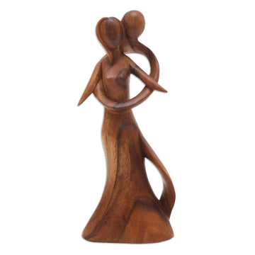Hand-Carved Suar Wood Sculpture with Loving Couple - Graceful Hug