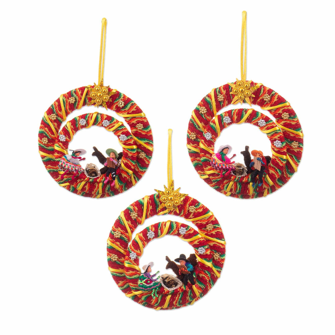 Set of Three Cotton Blend Nativity Scene Ornaments from Peru - Christmas Scene