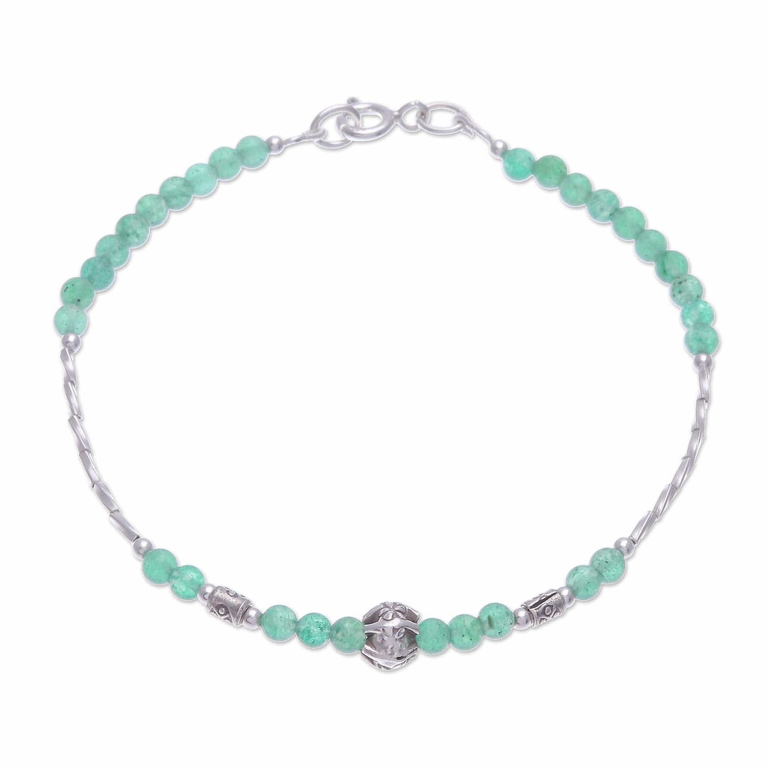 Thai Green Quartz & Silver Beaded Bracelet with Floral Charm - Round Beauty