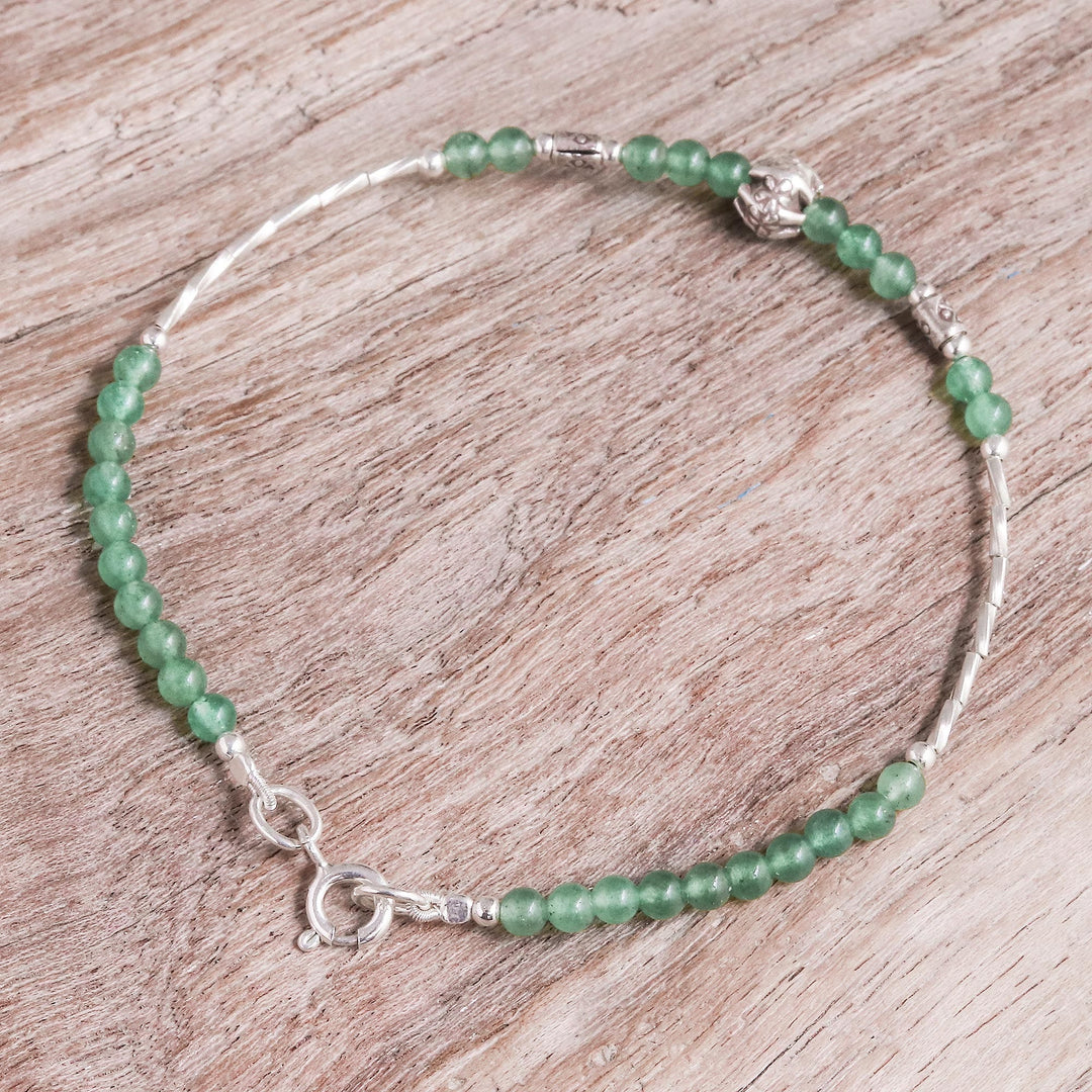 Thai Green Quartz & Silver Beaded Bracelet with Floral Charm - Round Beauty