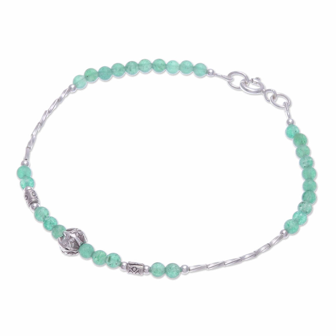 Thai Green Quartz & Silver Beaded Bracelet with Floral Charm - Round Beauty