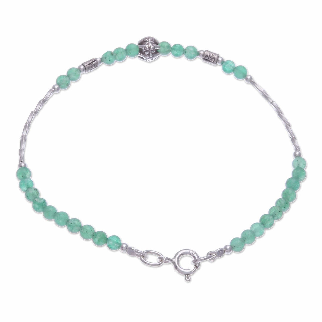 Thai Green Quartz & Silver Beaded Bracelet with Floral Charm - Round Beauty