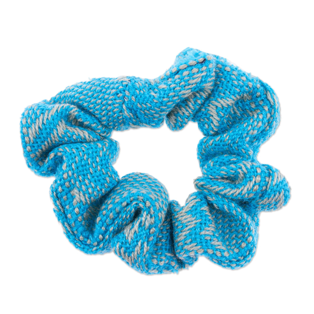Cotton Scrunchie in Cyan and Beige Hues Handloomed in Mexico - Cyan Hug
