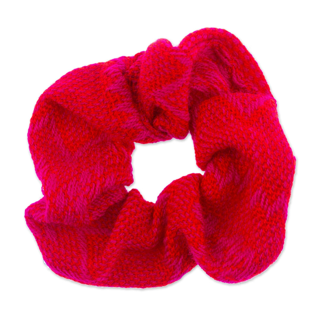 Handloomed Cotton Strawberry Scrunchie with Geometric Motifs - Strawberry Spell