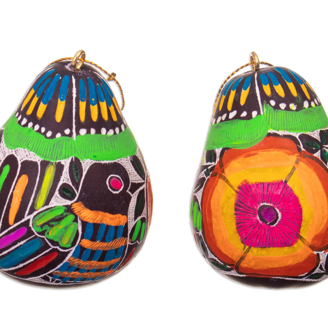 Handmade Gourd Ornaments with Birds and Flowers (Set of 3) - Colorful Flight