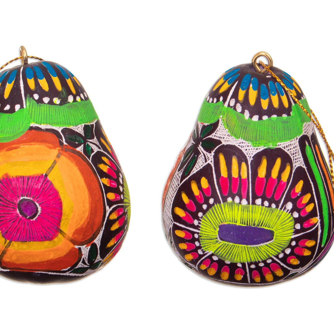 Handmade Gourd Ornaments with Birds and Flowers (Set of 3) - Colorful Flight