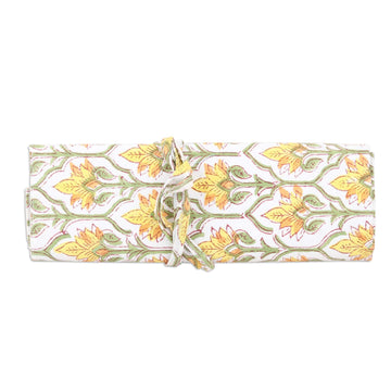 Cotton Roll Pencil Case with Hand-Block Printed Floral Motif - Glorious Buttercup