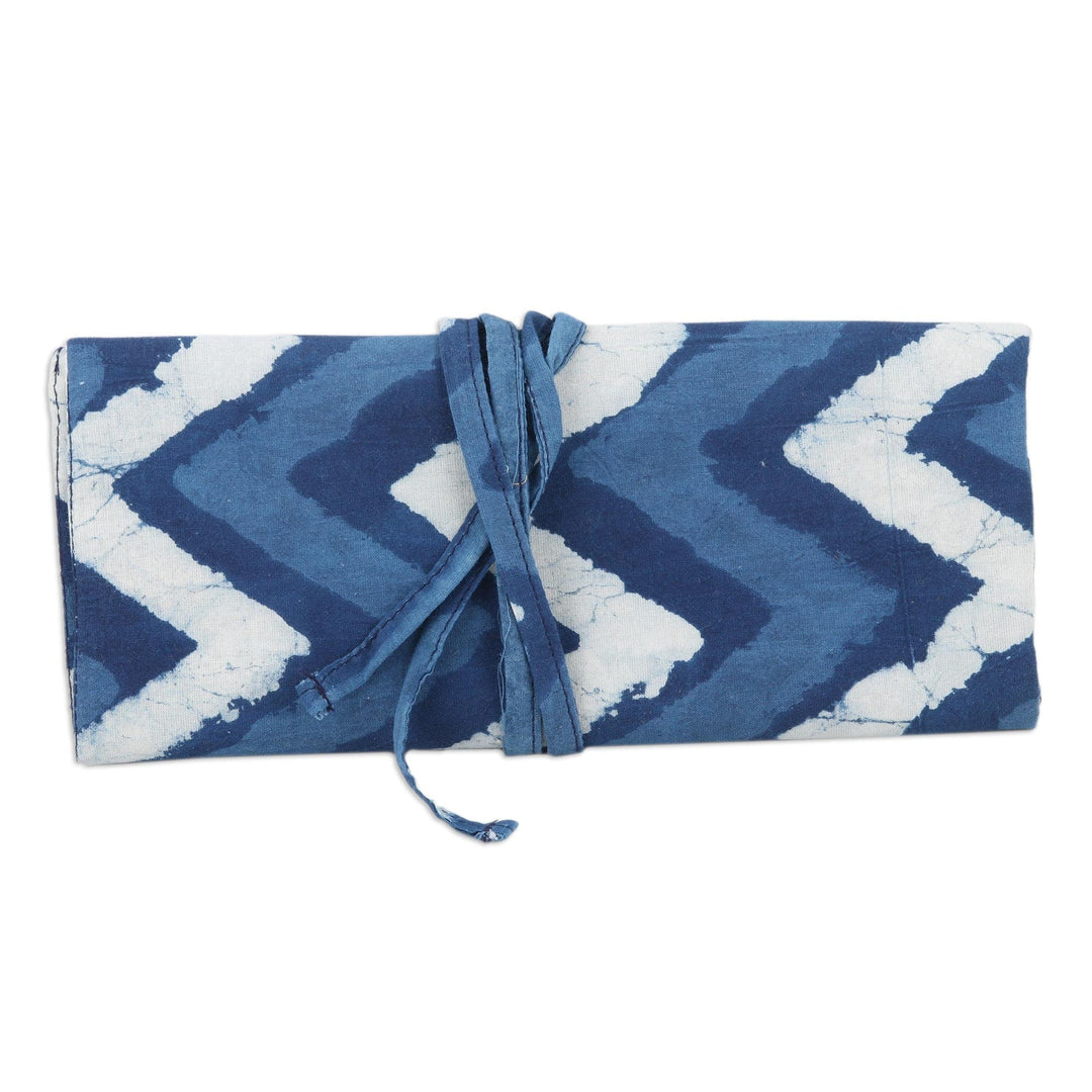 Blue Cotton Roll Pencil Case with Hand-Block Printed Design - Azure Waves
