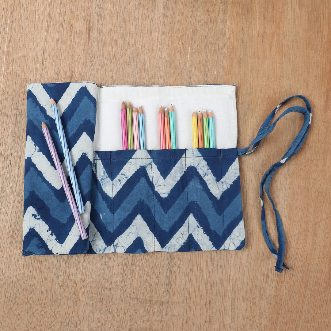 Blue Cotton Roll Pencil Case with Hand-Block Printed Design - Azure Waves