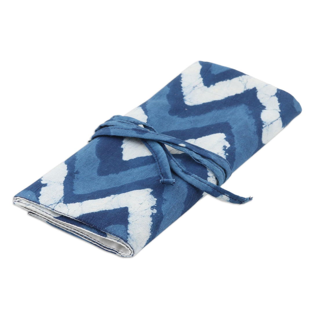Blue Cotton Roll Pencil Case with Hand-Block Printed Design - Azure Waves