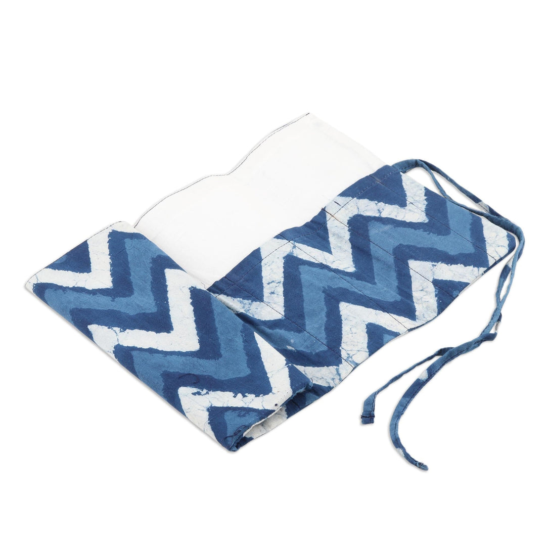 Blue Cotton Roll Pencil Case with Hand-Block Printed Design - Azure Waves