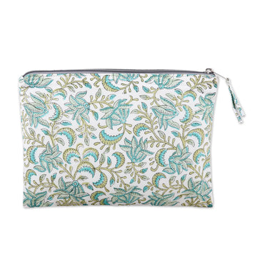 Cotton Cosmetic Bag with Hand-Block Printed Leafs & Flowers - Leafy Friends
