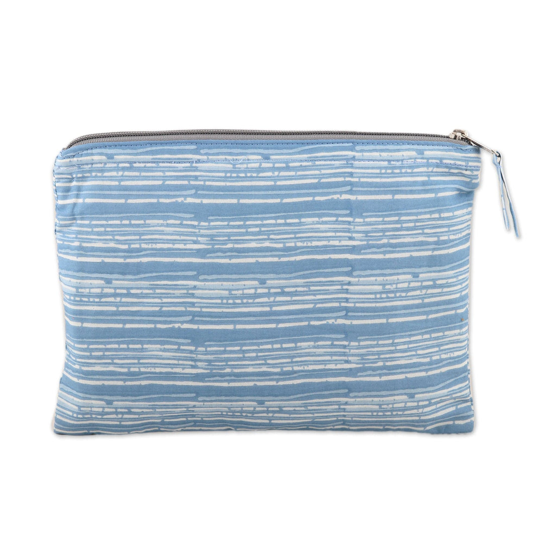 Cotton Cosmetic Bag with Hand-Block Printed Striped Pattern - Sky Contours