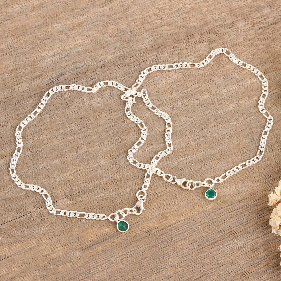 Pair of Green Onyx Sterling Silver Anklets - Green Nobility