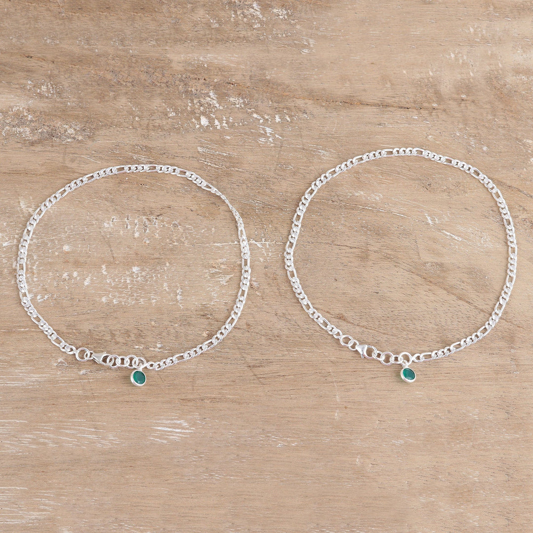 Pair of Green Onyx Sterling Silver Anklets - Green Nobility