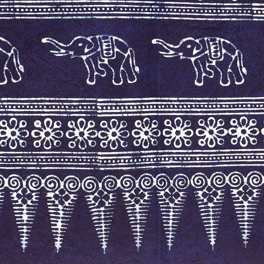 Handcrafted Cotton Tablecloth with Batik Elephants - Blue Ceremony