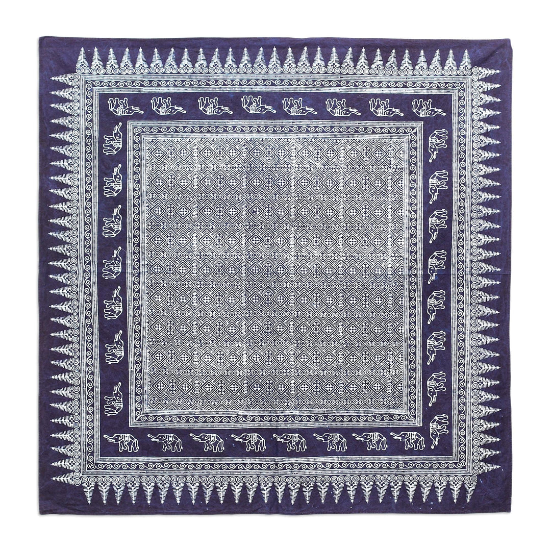 Cotton Batik Tablecloth with Elephant Motifs in Blue - Sacred Trunks