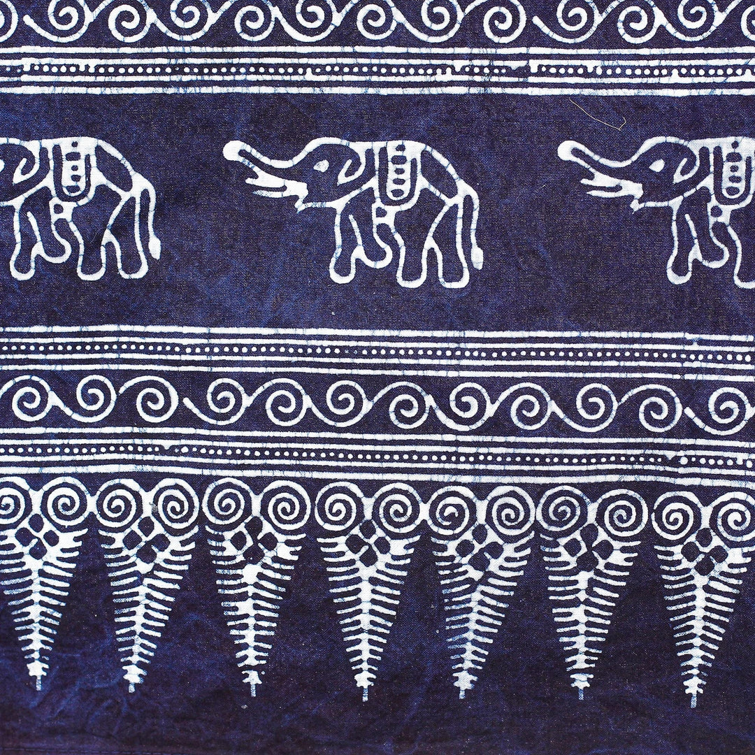 Cotton Batik Tablecloth with Elephant Motifs in Blue - Sacred Trunks