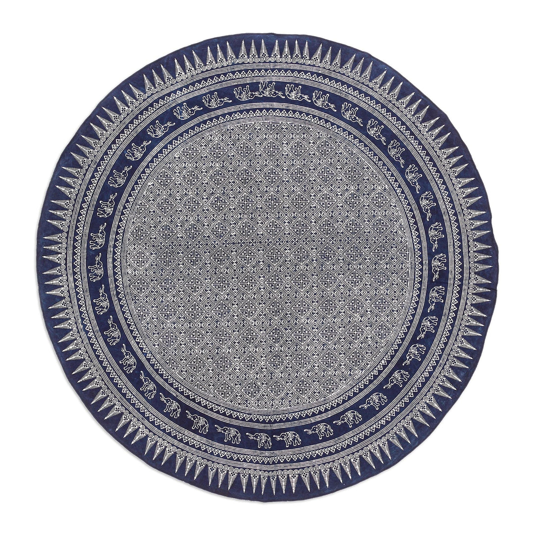 Cotton Batik Tablecloth with Elephant Details in Blue - Sacred Sages