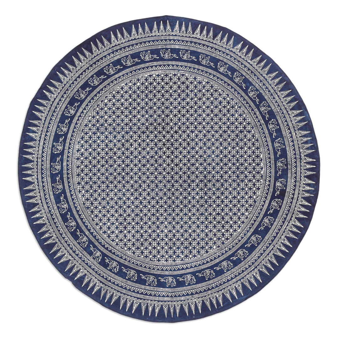 Blue Round Cotton Tablecloth with Batik Elephants - Wise Circle