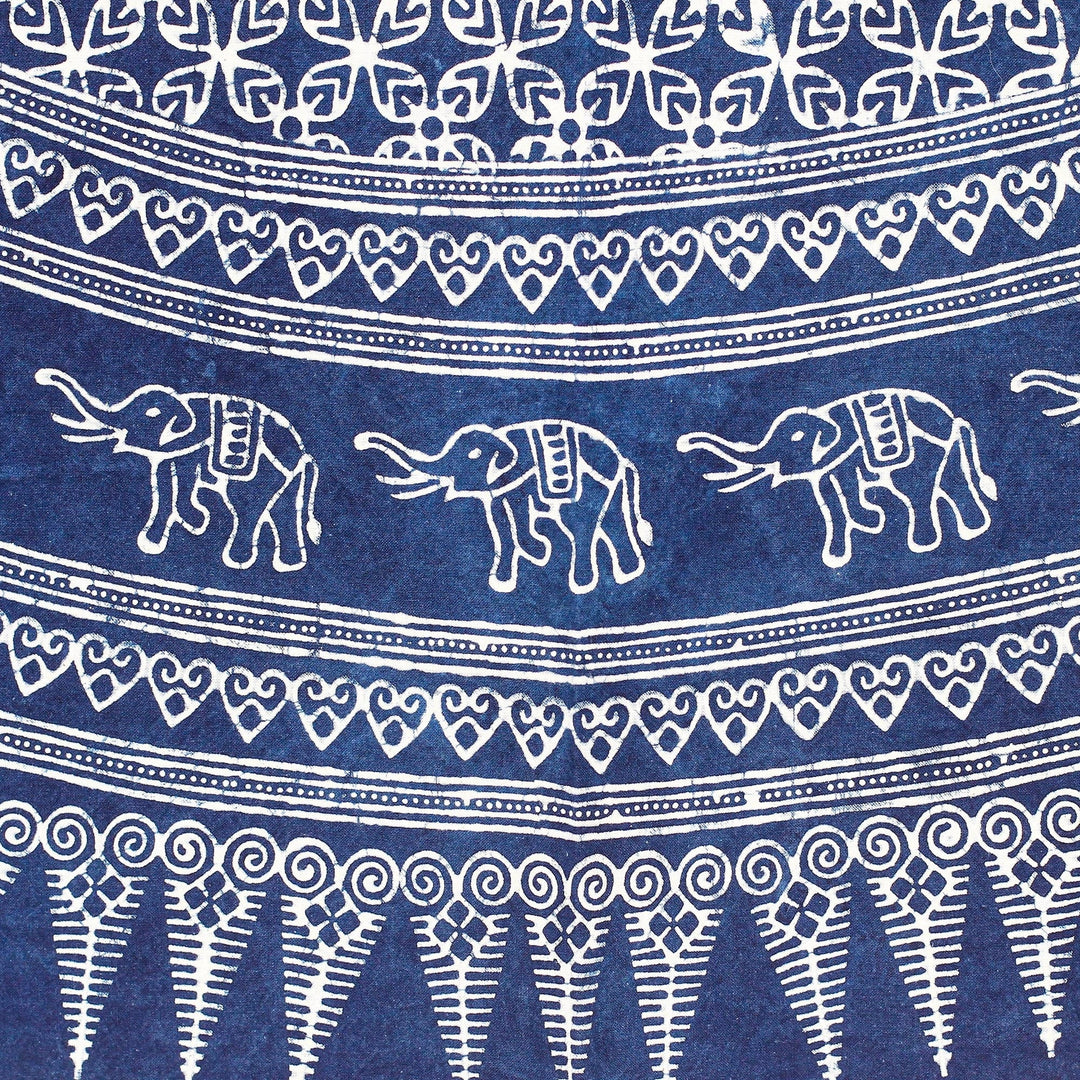 Blue Round Cotton Tablecloth with Batik Elephants - Wise Circle