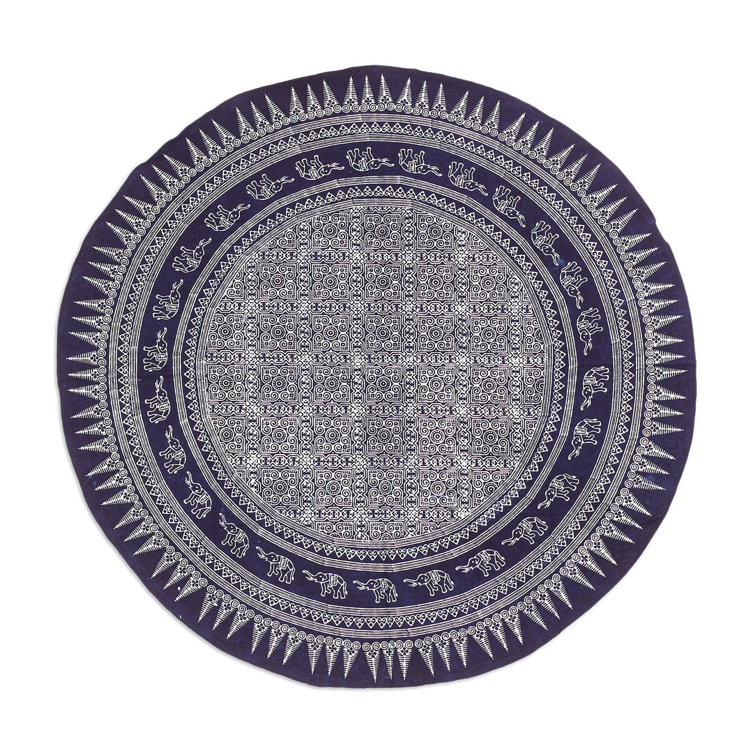 Blue Round Cotton Tablecloth with Batik Elephant Motifs - Little Sages